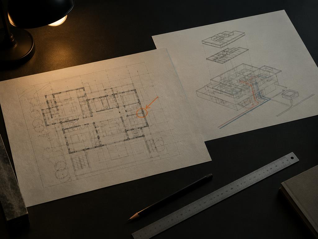 Architectural plan and operating model drawings on a dark desk